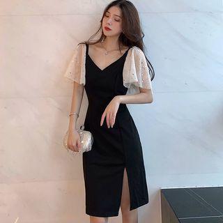 Short-sleeve Rhinestone V-neck Panel Plain Side-slit Dress