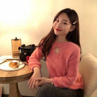 Strappy-neck Fluffy Sweater Pink - One Size