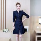 Gathered-waist Long-sleeved A-line Sheath Slim Denim Dress