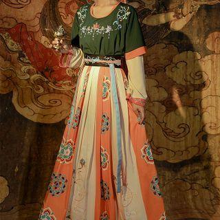 Chinese Hanfu Set Of 3: Embroidered Short-sleeve Coat + Embroidered Long-sleeve Top + Print Semi-body Maxi Dress
