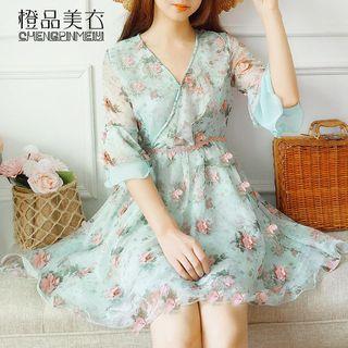Ruffle V-neck Bell 3/4 Sleeve Floral Surplice-wrap Chiffon Dress