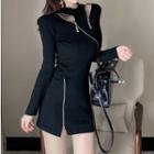 Long-sleeve Mini Knit Dress Black - One Size
