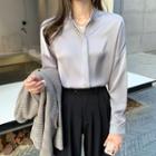 Long-sleeve Band Collar Plain Shirt