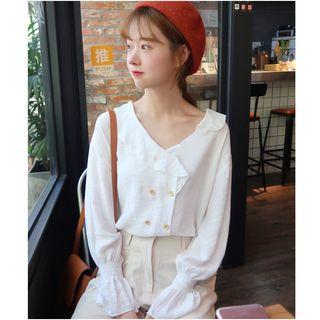 Ruffle Trim Double-breasted Blouse White - One Size
