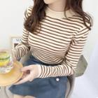 Long-sleeve Semi Turtleneck Striped Loose Fit Cardigan Top