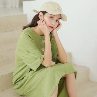 Elbow-sleeve Placket T-shirt Dress Avocado Green - One Size