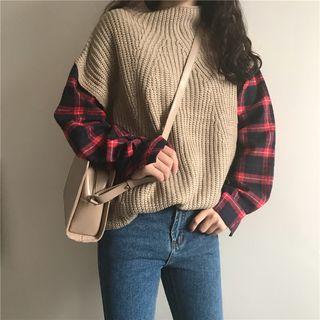 Plaid Sleeve Mock Neck Sweater