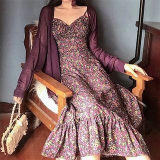 Plain Cropped Cardigan / Floral Sleeveless Dress