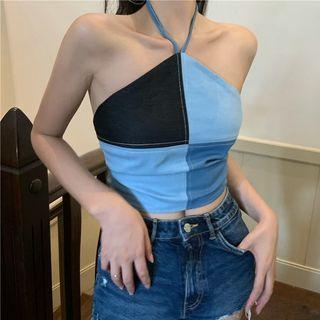 Halter Denim Patchwork Cropped Camisole Top Black & Blue - One Size
