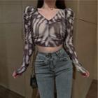 Shirred Front Tie-dyed Long-sleeve Cropped Top As Shown In Figure - One Size