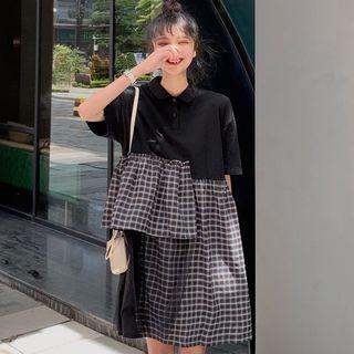 Mock Two Piece Short-sleeve Polo Dress Black - One Size