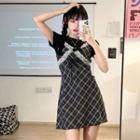 Spaghetti-strap Plaid Mini A-line Dress / Short-sleeve T-shirt