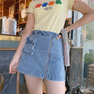 Asymmetric Zip Denim Mini A-line Skirt