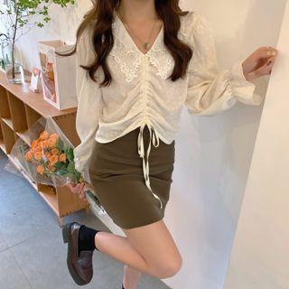 Lace Collar Drawstring Blouse / Mini Pencil Skirt
