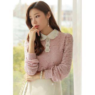 Contrast-collar Faux-pearl Lace Blouse