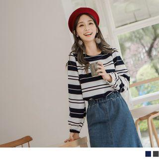 Smocked-cuff Striped Top