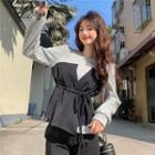 Long-sleeve Two-tone Mock Two-piece Top Gray & Black - One Size