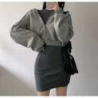 Long-sleeve Plain Mini Dress / Plain Hooded Zip Cropped Jacket