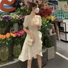 Puff-sleeve Asymmetrical Floral Print Ruffled A-line Dress