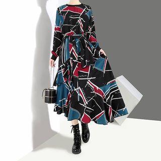 Printed Long-sleeve Midi A-line Dress Blue - One Size