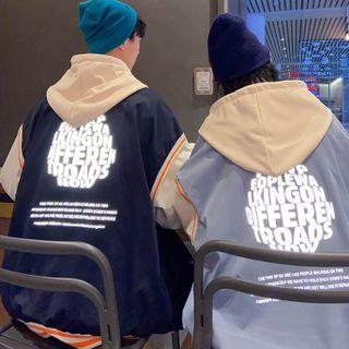Two-tone Panel Lettering Print Hooded Jacket