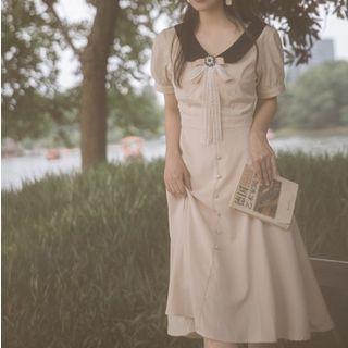 Collared Bow Accent Puff-sleeve Midi A-line Dress