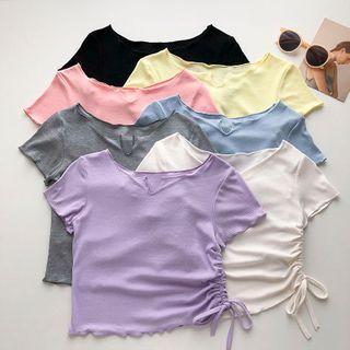 Short-sleeve Round Neck Drawstring T-shirt