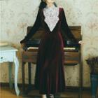 Lace Trim Long-sleeve A-line Maxi Velvet Dress