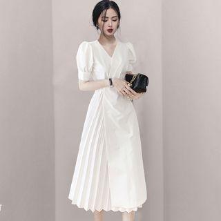 Puff-sleeve Asymmetrical Accordion Pleat Midi A-line Dress