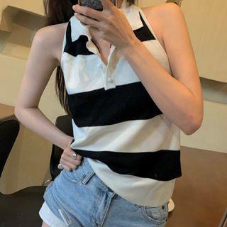 Two Tone Halter Top Stripes - Black & White - One Size
