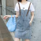 Set: Short-sleeve T-shirt + Denim Mini Pinafore Dress