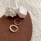 Set: Alloy Ring + Faux Pearl Ring Set Of 2 - Alloy Ring & Faux Pearl Ring - Gold & Off-white - One Size
