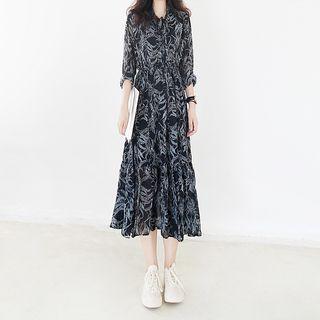 Leaf Print Chiffon A-line Midi Dress