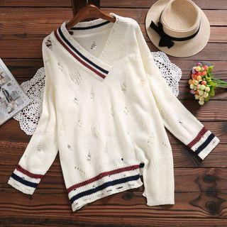 V-neck Long-sleeve Asymmetric Knit Sweater