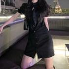 Short-sleeve Denim A-line Dress Black - One Size