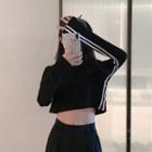 Contrast Stripe Long-sleeve Cropped T-shirt Black - One Size