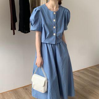 Puff-sleeve Single Breasted Plain Shirt / High-waist Plain A-line Skirt