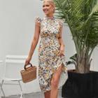 Short Sleeve Ruffled-trim Floral Print Midi Dress