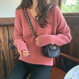 Plain Bow-accent V-neck Sweater