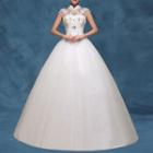Embellished Cap-sleeve Mandarin Collar Wedding Ball Gown