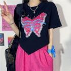 Short Sleeve Butterfly Asymmetrical Hem Crop T-shirt