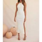Halter Neck Ruched Slit Long Dress