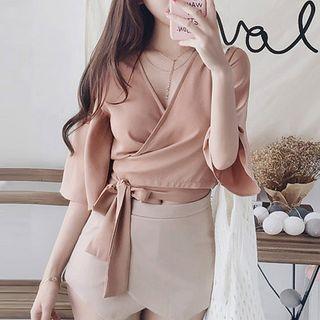 Wrap-front Elbow-sleeve Crop Top