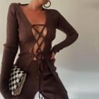 Long Sleeve Lace-up Ribbed-knit Cardigan