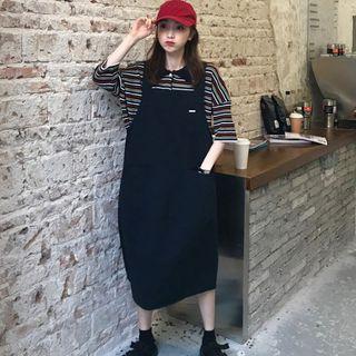 Striped Elbow-sleeve Knit Polo Shirt / Midi Pinafore Dress