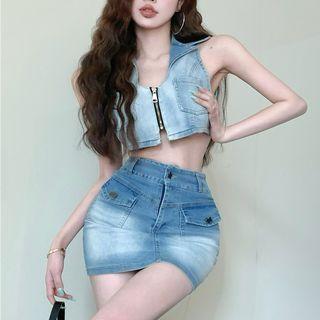 Collar Denim Crop Tank Top / Mini Pencil Skirt