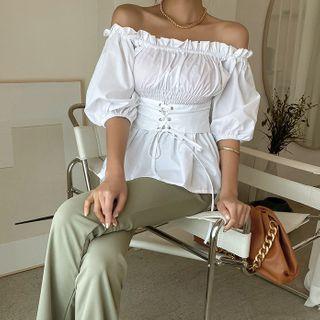 Off-shoulder Lace-waist Peplum Top