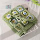 Flower Color Block Crochet Knit Shopper Bag Green - One Size