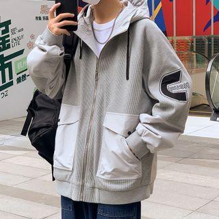 Two-tone Lettering Zipped Hooded Jacket