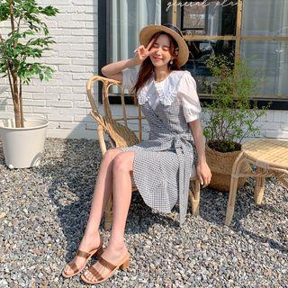 Set: Checked Pinafore Dress + Crochet-trim Blouse